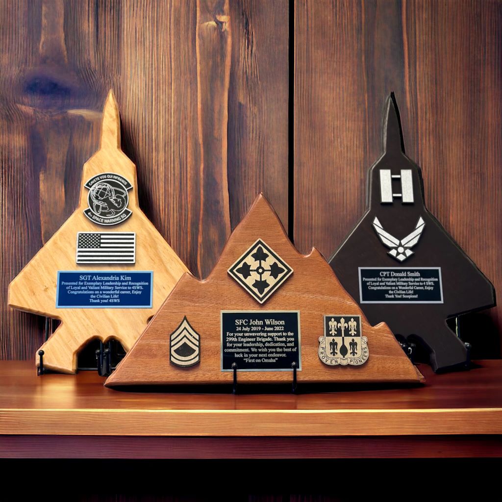 plaques on shelves