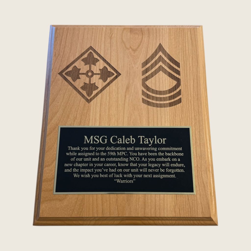 wood plaque with engraved message