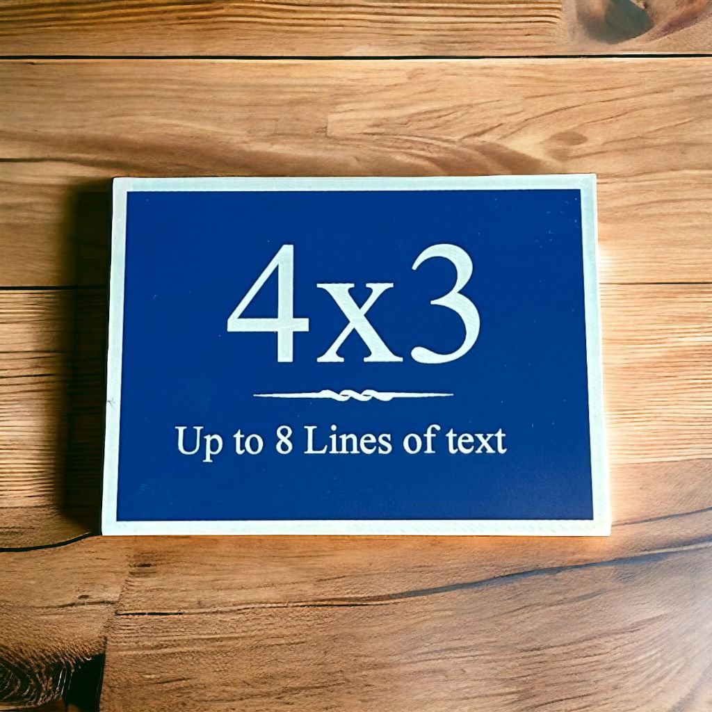 4x3 blue and silver plate on hardwood