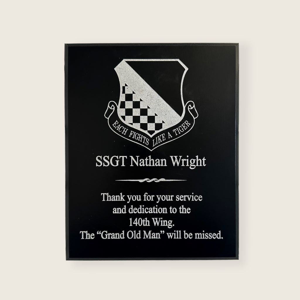 8 x 10 fully engraved black finish plaque with silver lettering