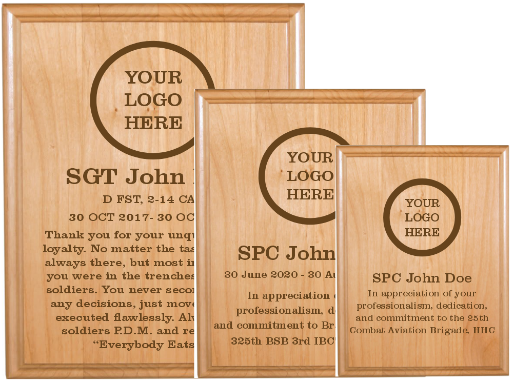 three sizes of the fully engraved red alder plaque