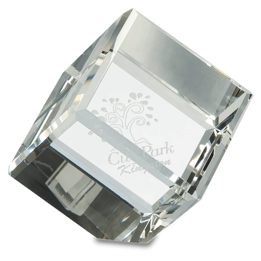 engraved crystal cube award display