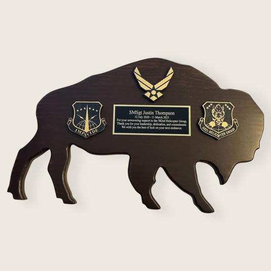 dark pine bison plaque with black and gold wood coins