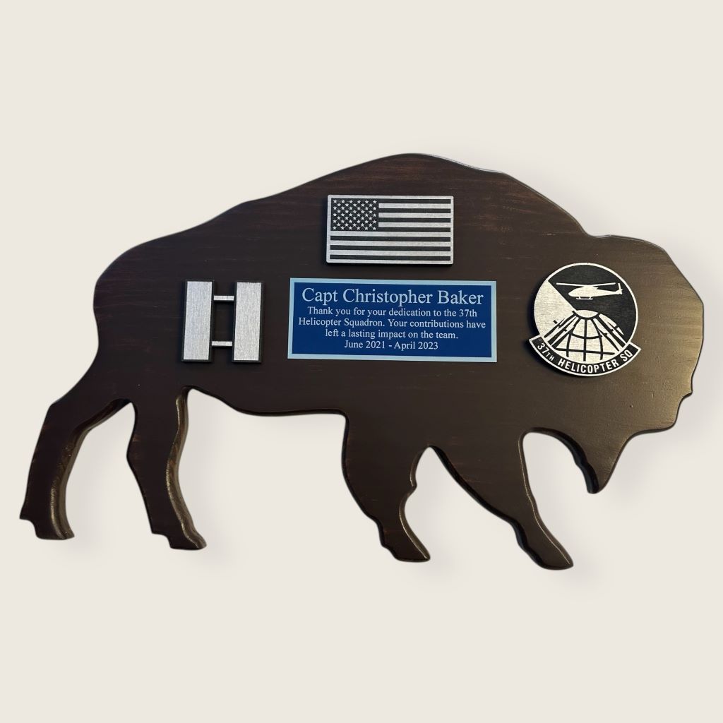 dark pine bison plaque with a blue/silver plate and black/silver wood coins
