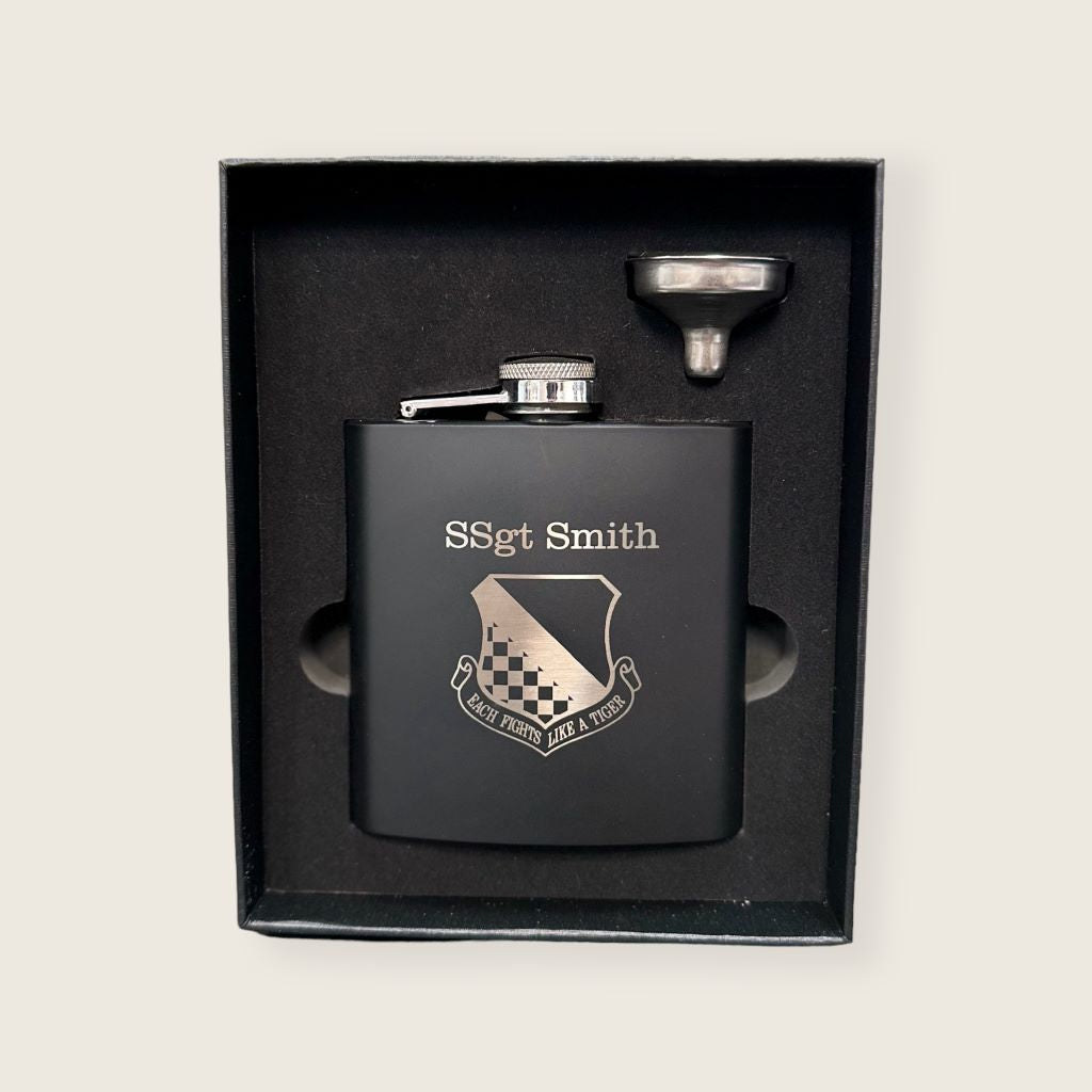 black metal flask engraved display