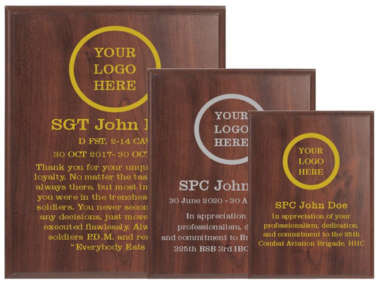 different sizes available of the cherry finish fully engraved plaques