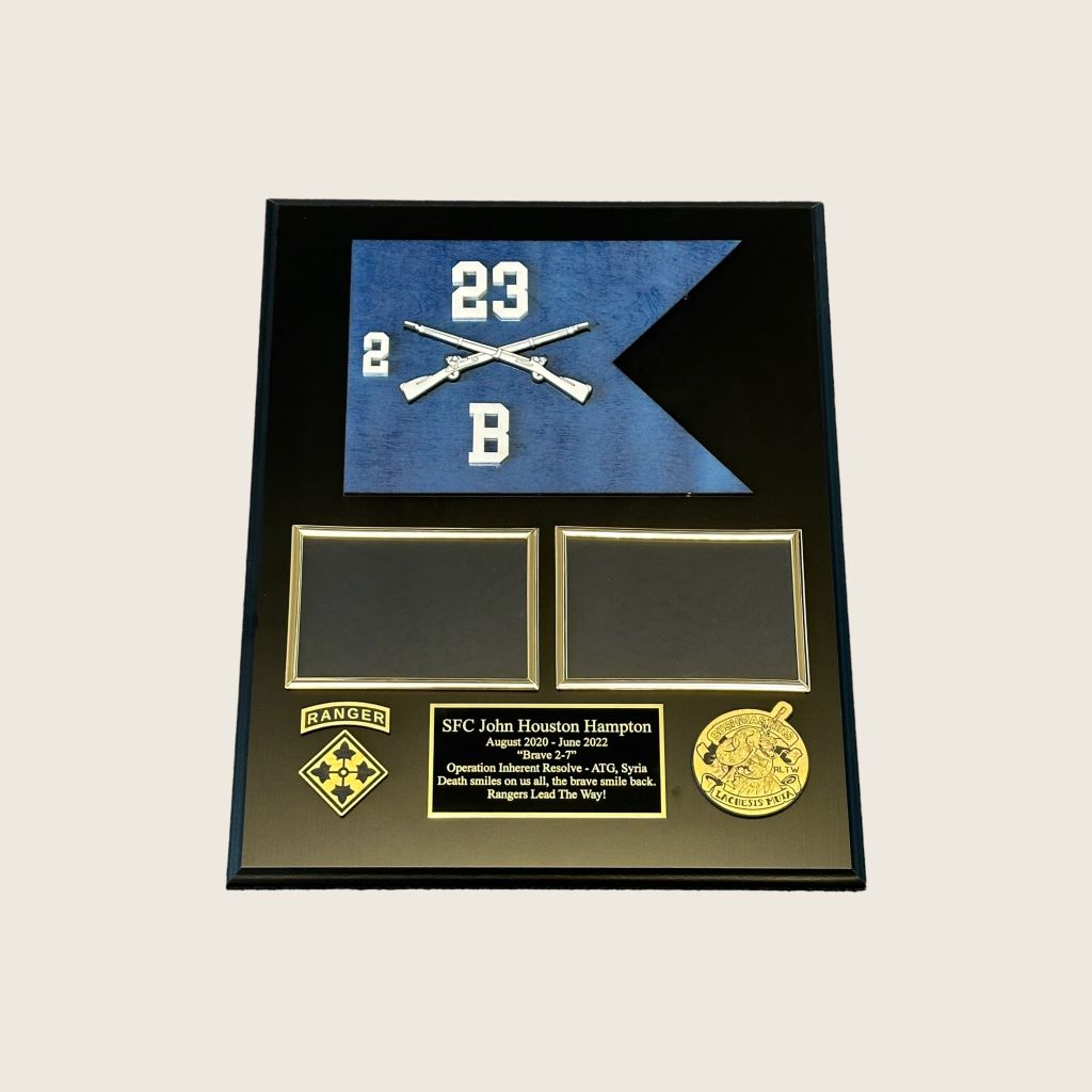 Black finish guidon plaque display with 2 blank 6x4 photo frames