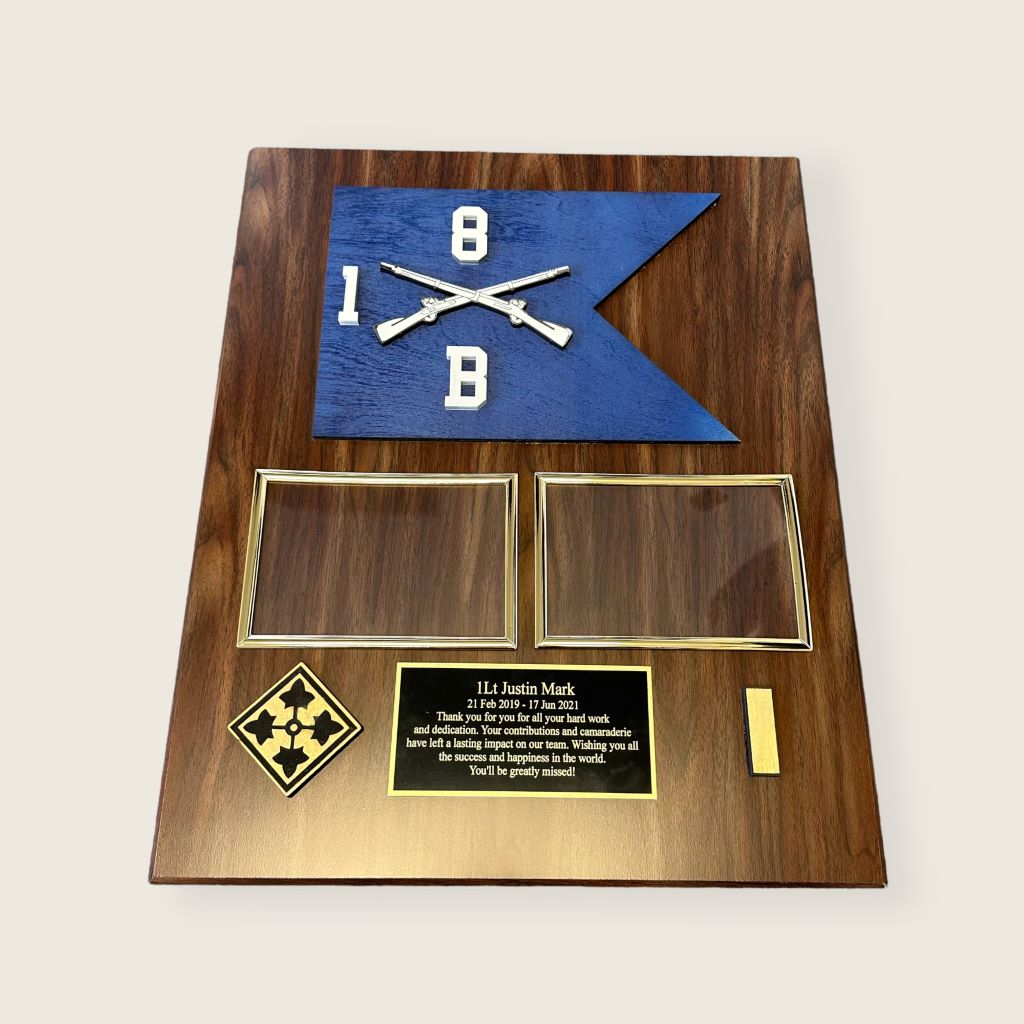 walnut finish guidon plaque display with 2 blank 6x4 photo frames