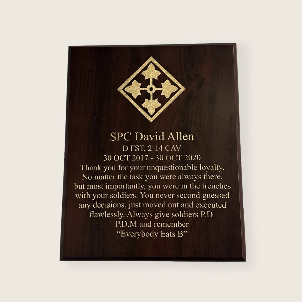 10.5" x 13" fully engraved cherry finish plaque with gold lettering