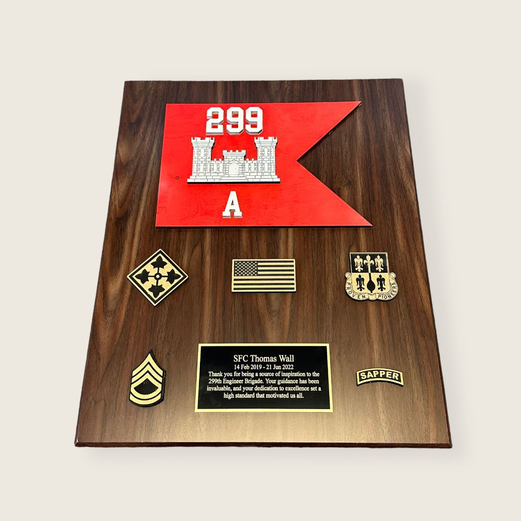 walnut finish guidon plaque with a painted wood guidon, 5 wood coins, and an engraved plate in black and gold color scheme