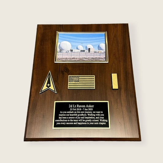cherry finish picture plaque with a gold 6x4 photo frame, wood coins, and an engraved plate in black and gold color scheme