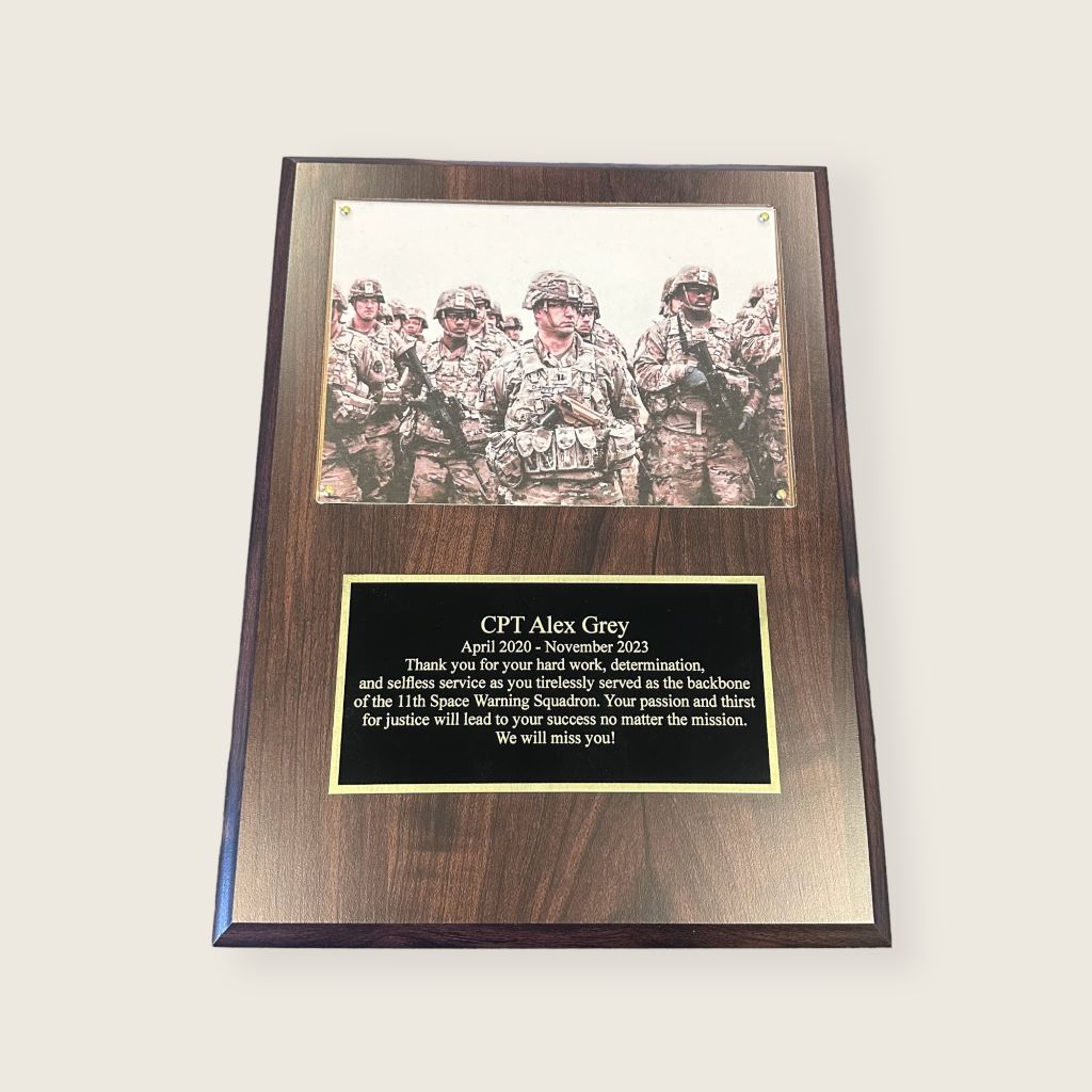 picture frame plaque with black and gold engraved plate