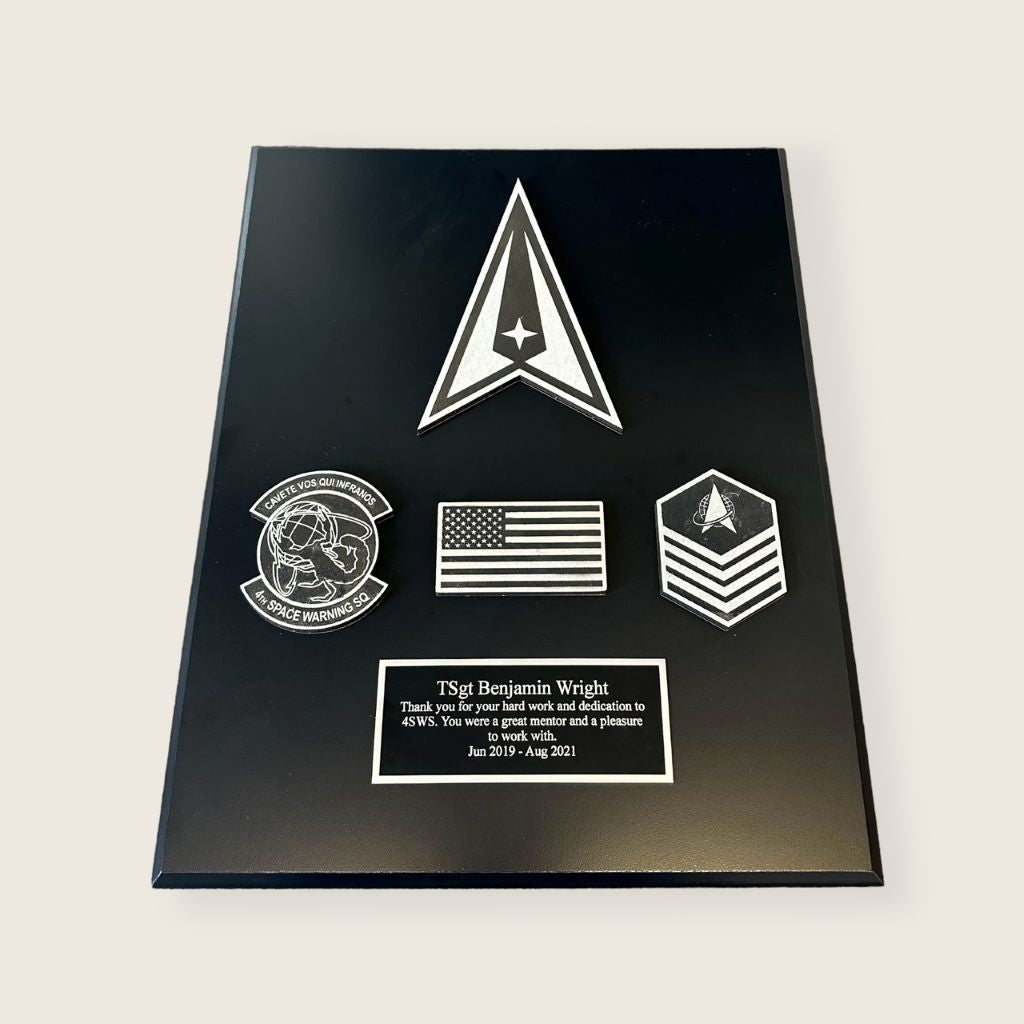 black finish space plaque in black and silver color scheme