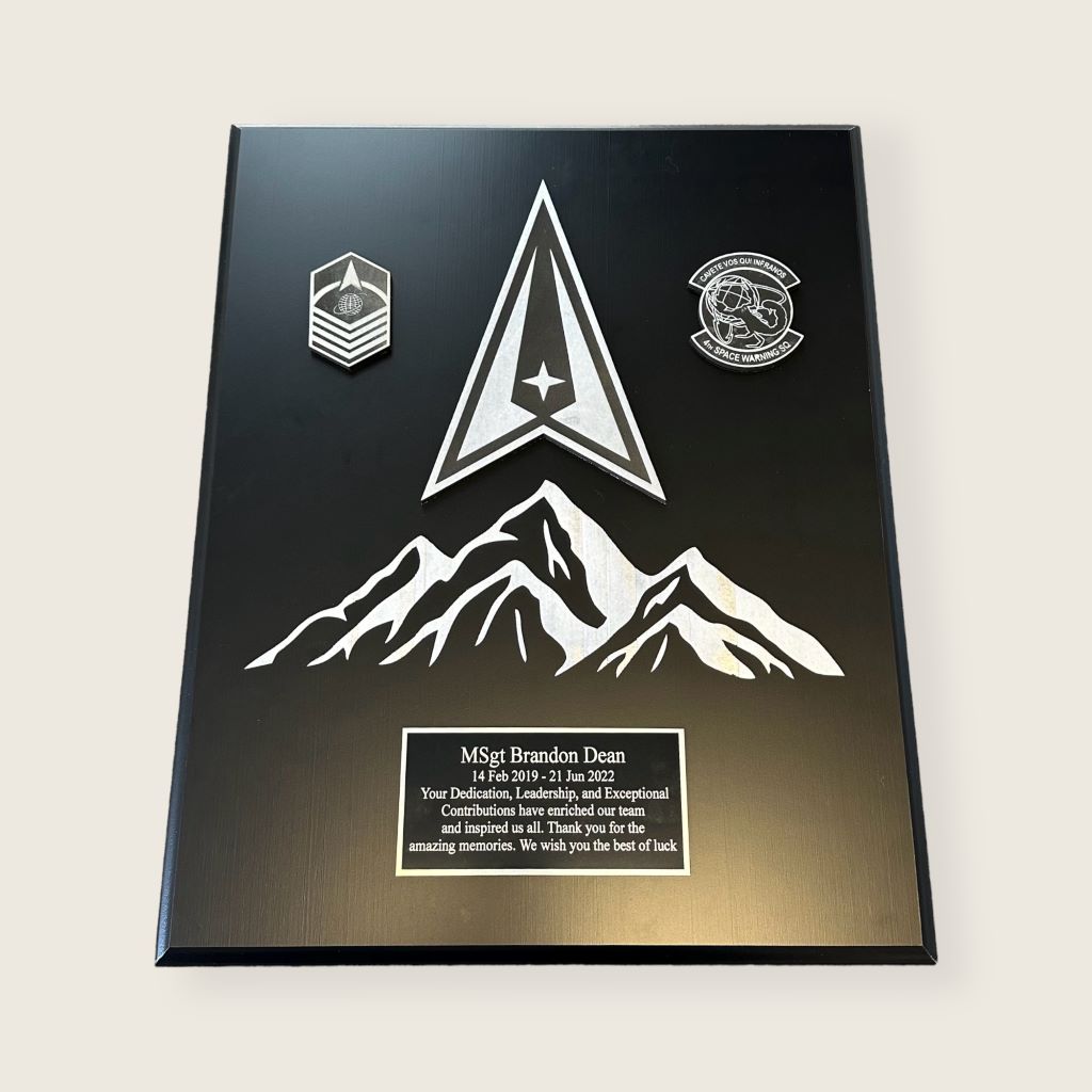 black finish space plaque with mountains in black and silver color scheme