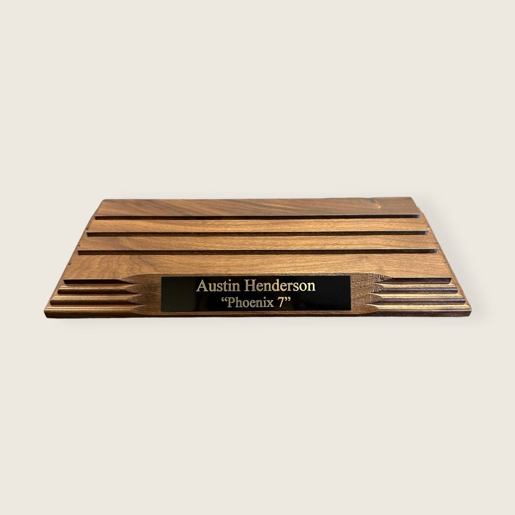 walnut coin rack blank with an engraved black and gold