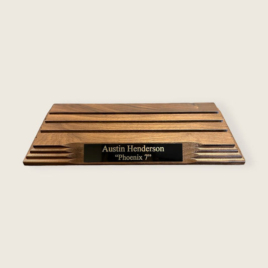 walnut coin rack blank with an engraved black and gold