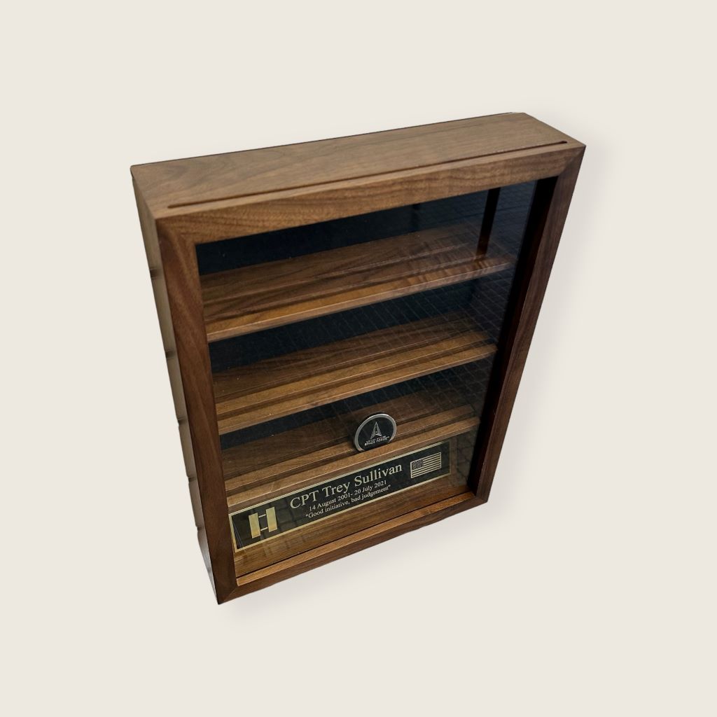 Solid walnut shadow box coin display case top view