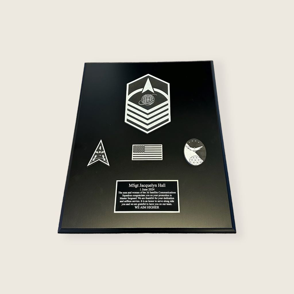 Black finish rank plaque with a wood Master Sergant space force rank, 3 wood coins, and an engraved plate in black and silver color scheme