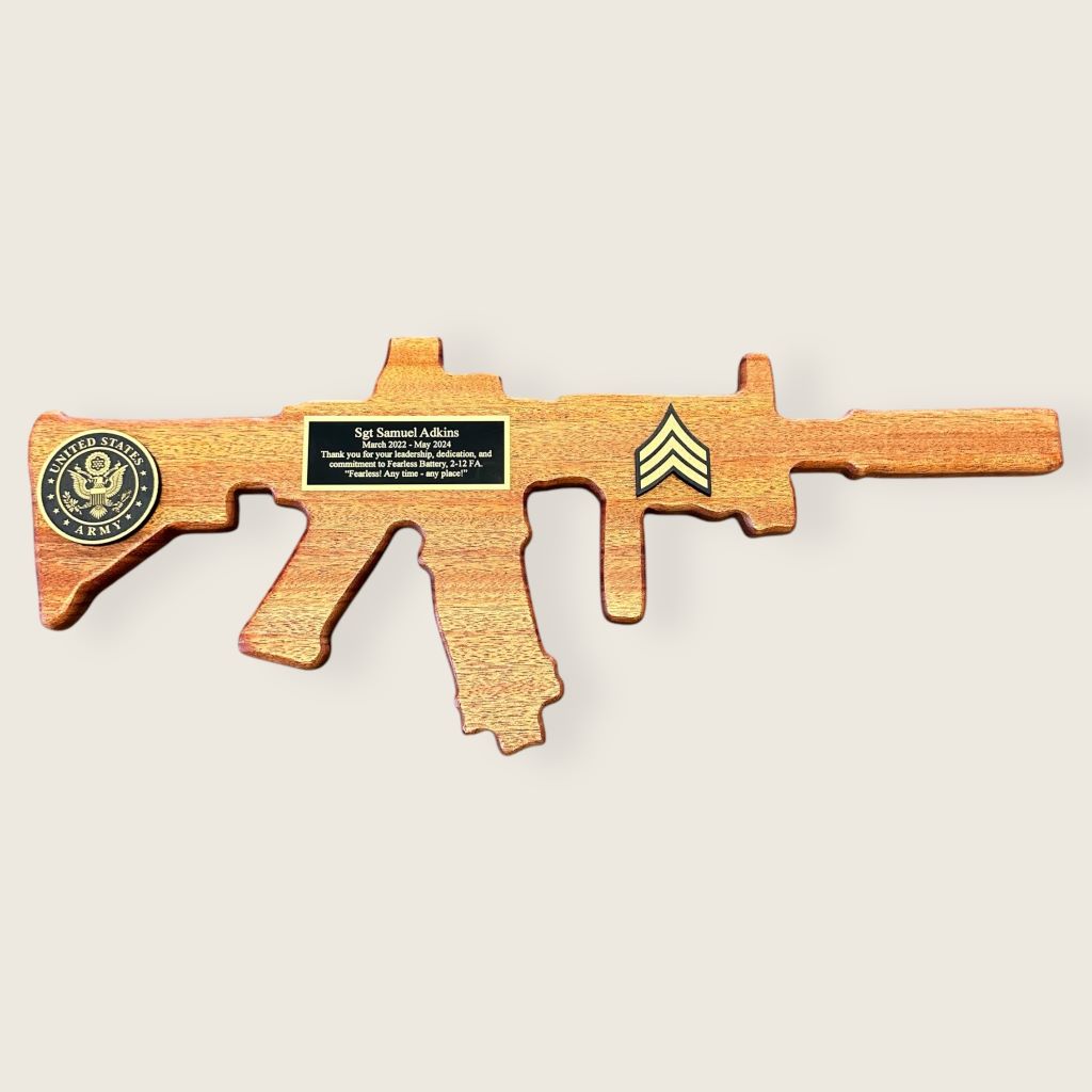 M4 Mahogany Rifle Plaque with a black/gold plate and wood coins