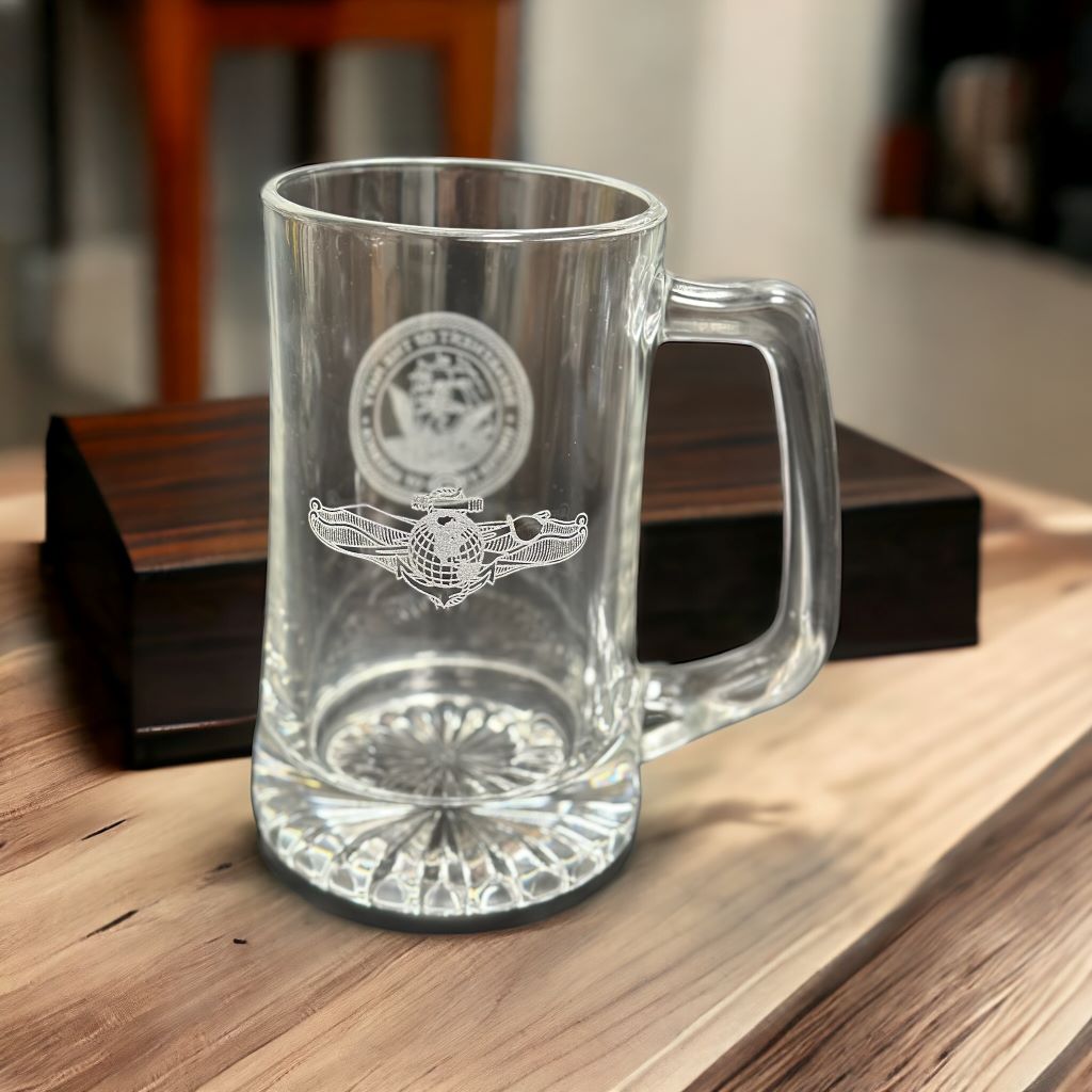 engraved beer mug on table