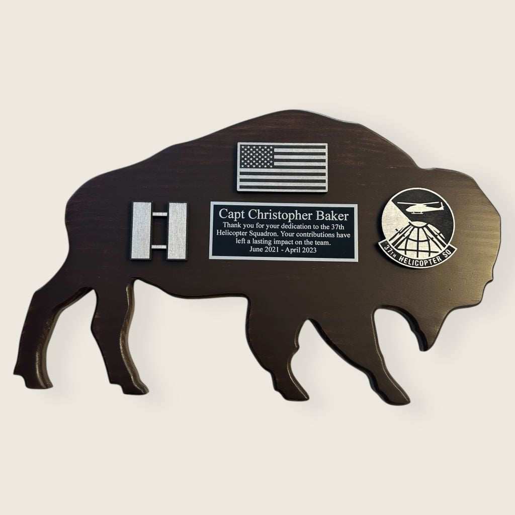 dark pine bison plaque with black and silver wood coins 