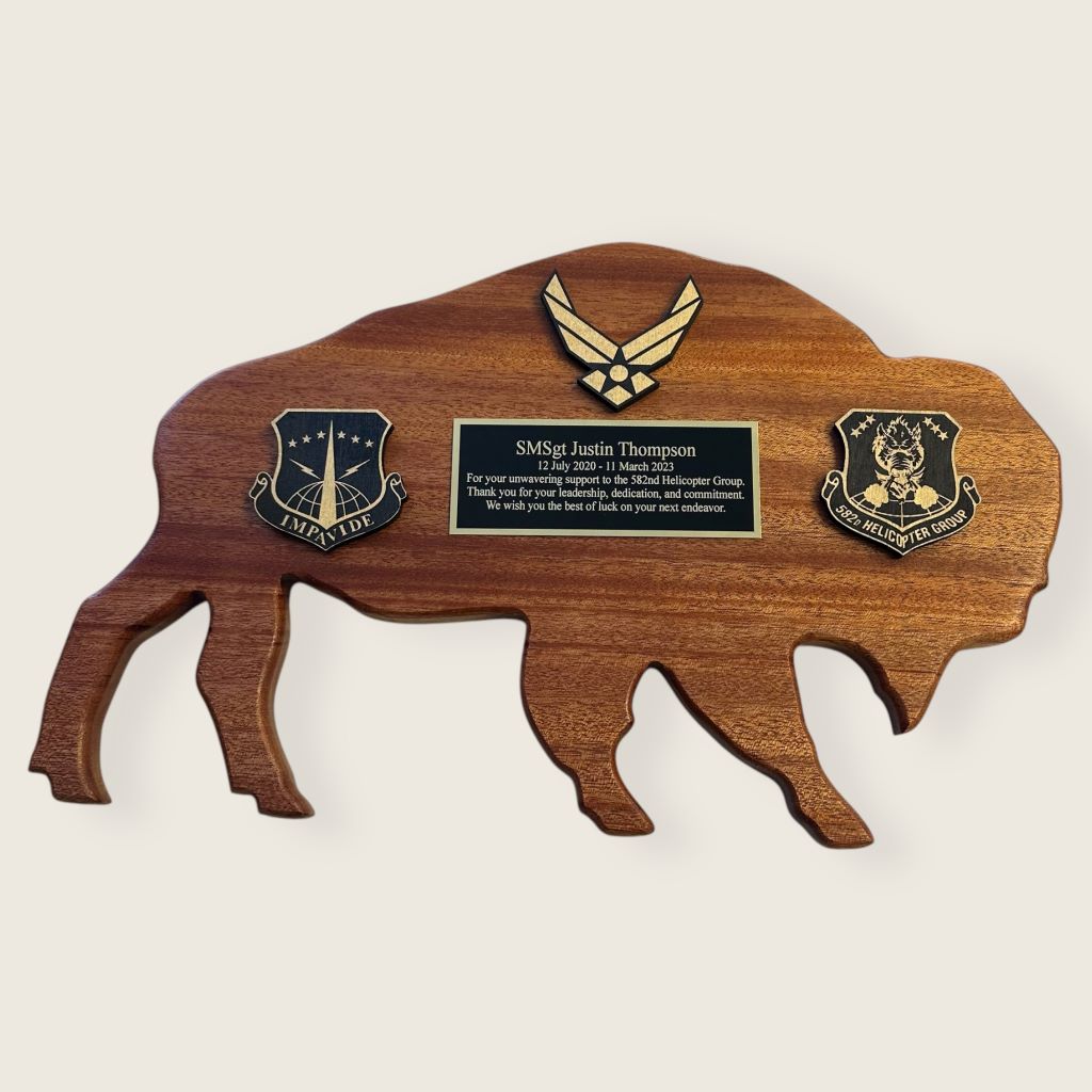 mahogany bison plaque with black/gold plate and wood coins