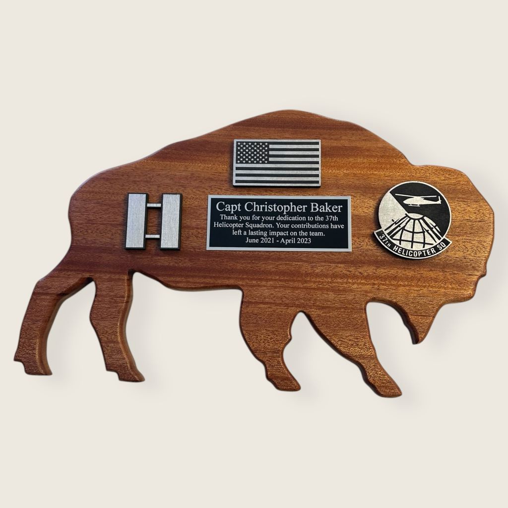 mahogany bison plaque with black/silver plate and wood coins