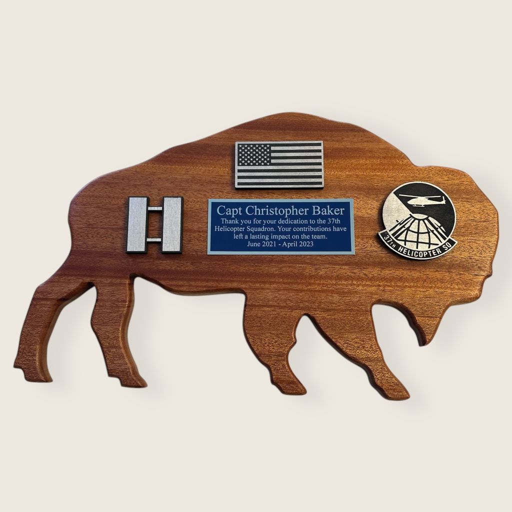 mahogany bison plaque with blue/silver plate and black/silver wood coins