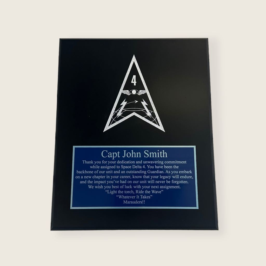 10.5" x 13" black finish plate with a blue and silver engraved plate and silver engraved logo