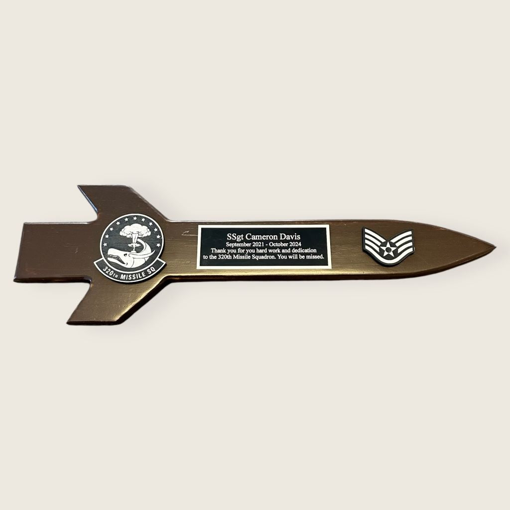 dark pine missile plaque with black and silver wood coins