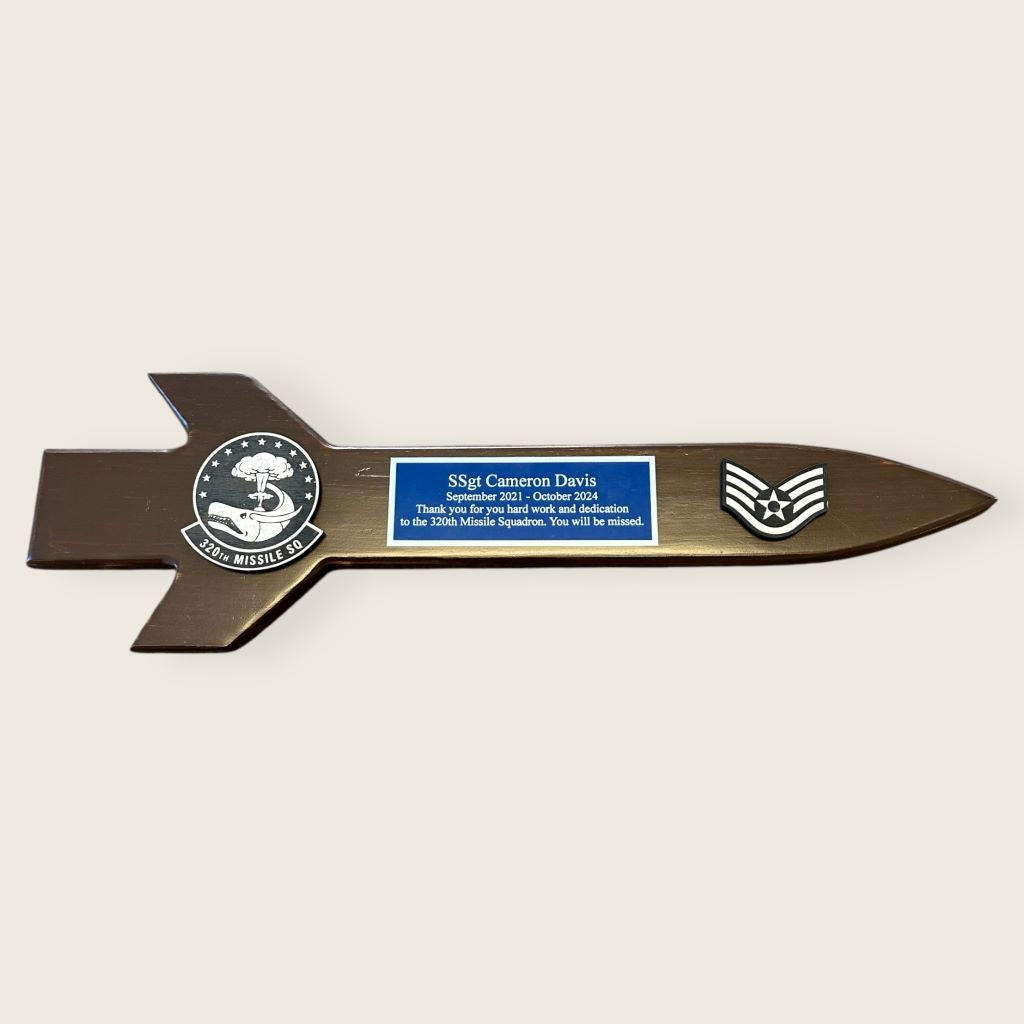 dark pine missile plaque with blue/ silver plate and black and silver wood coins