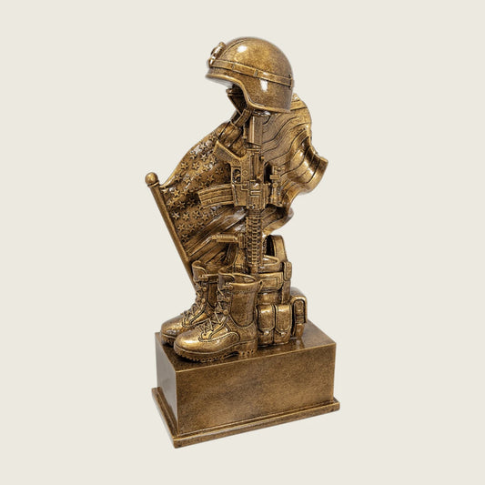 resin statue with boots and flag 
