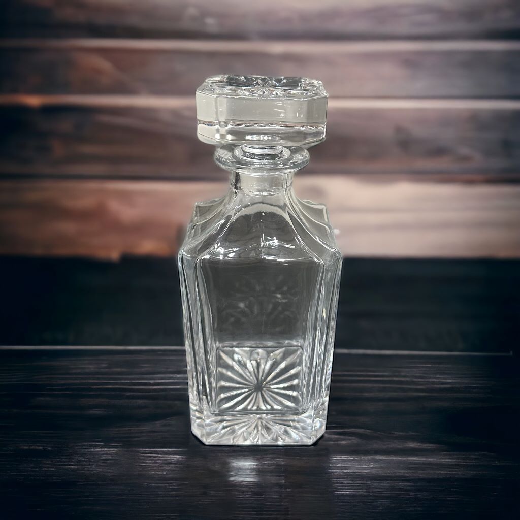 blank decanter on dark wood countertop